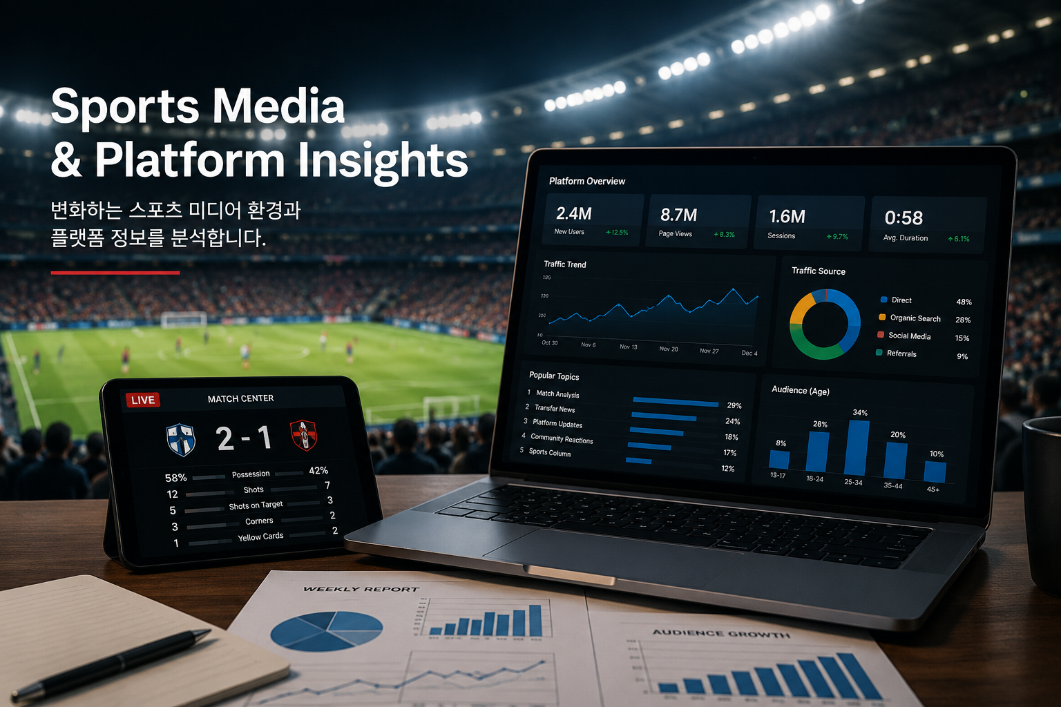 Sports media analytics dashboard and platform insights overview