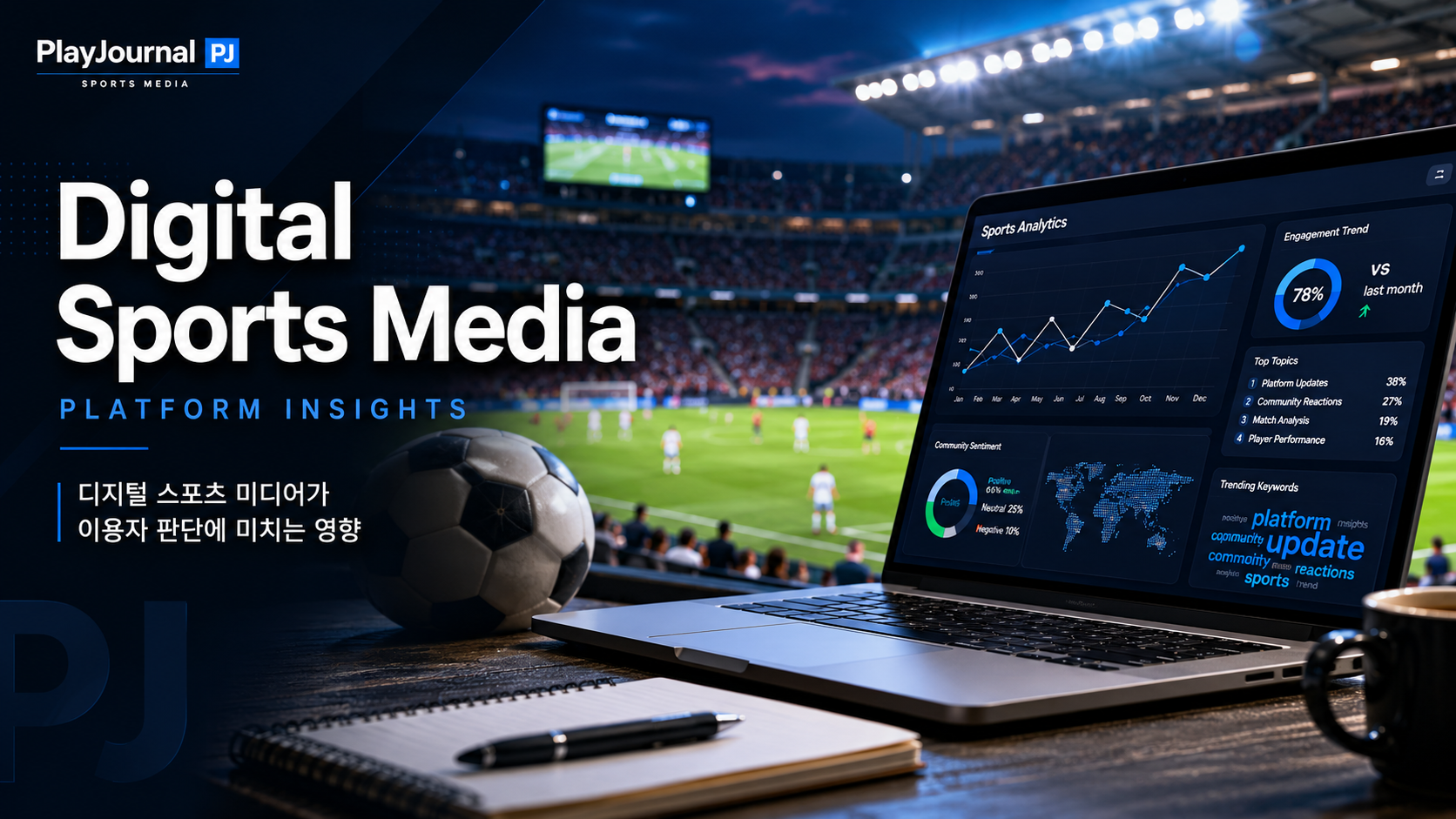 Digital sports media analysis dashboard with stadium background and platform analytics visuals