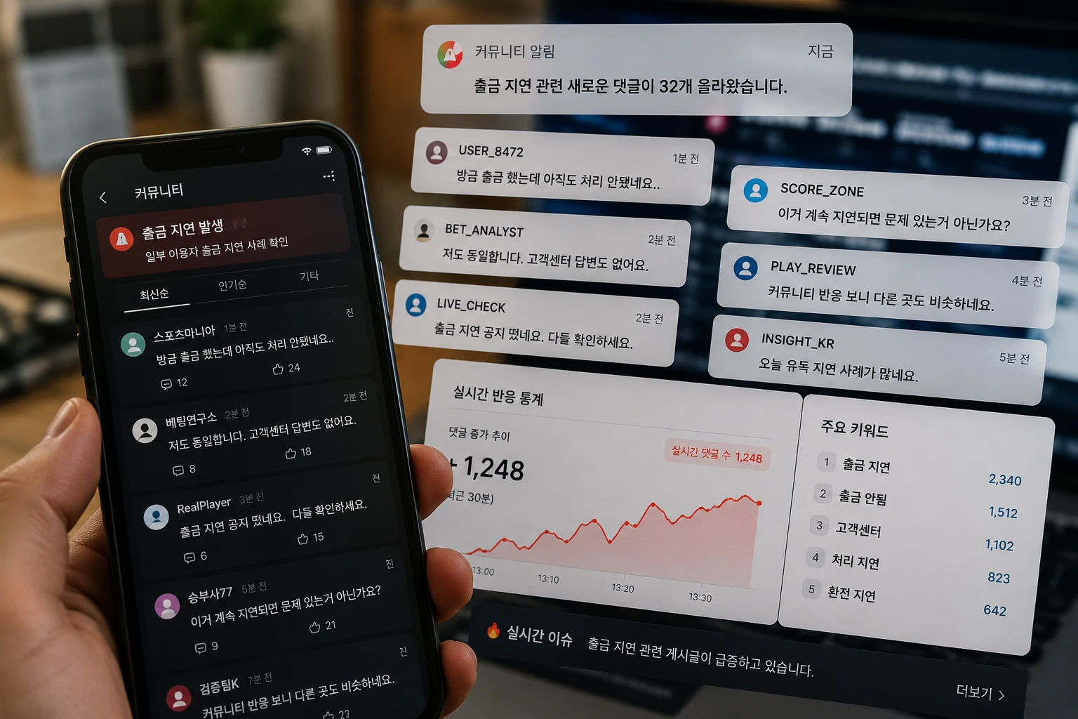 실시간 커뮤니티 반응과 댓글 흐름이 빠르게 확산되는 장면