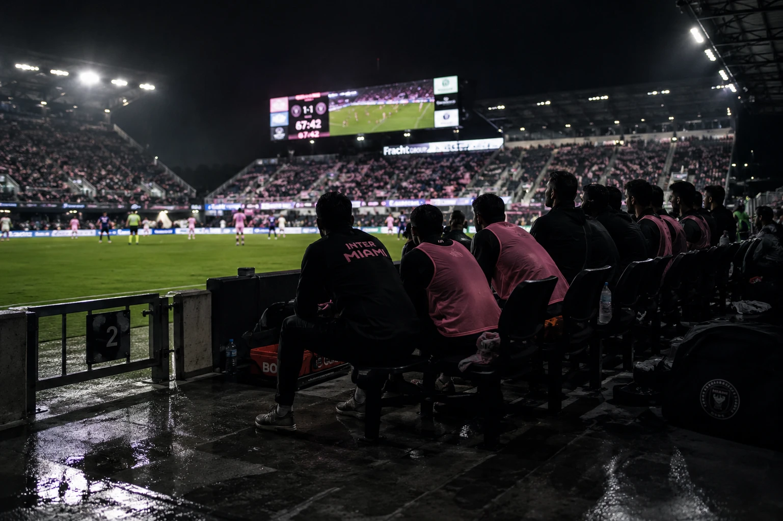 MLS 경기 후 벤치 앞 선수 간격과 후반 수비 위치 변화가 보이는 경기장 장면