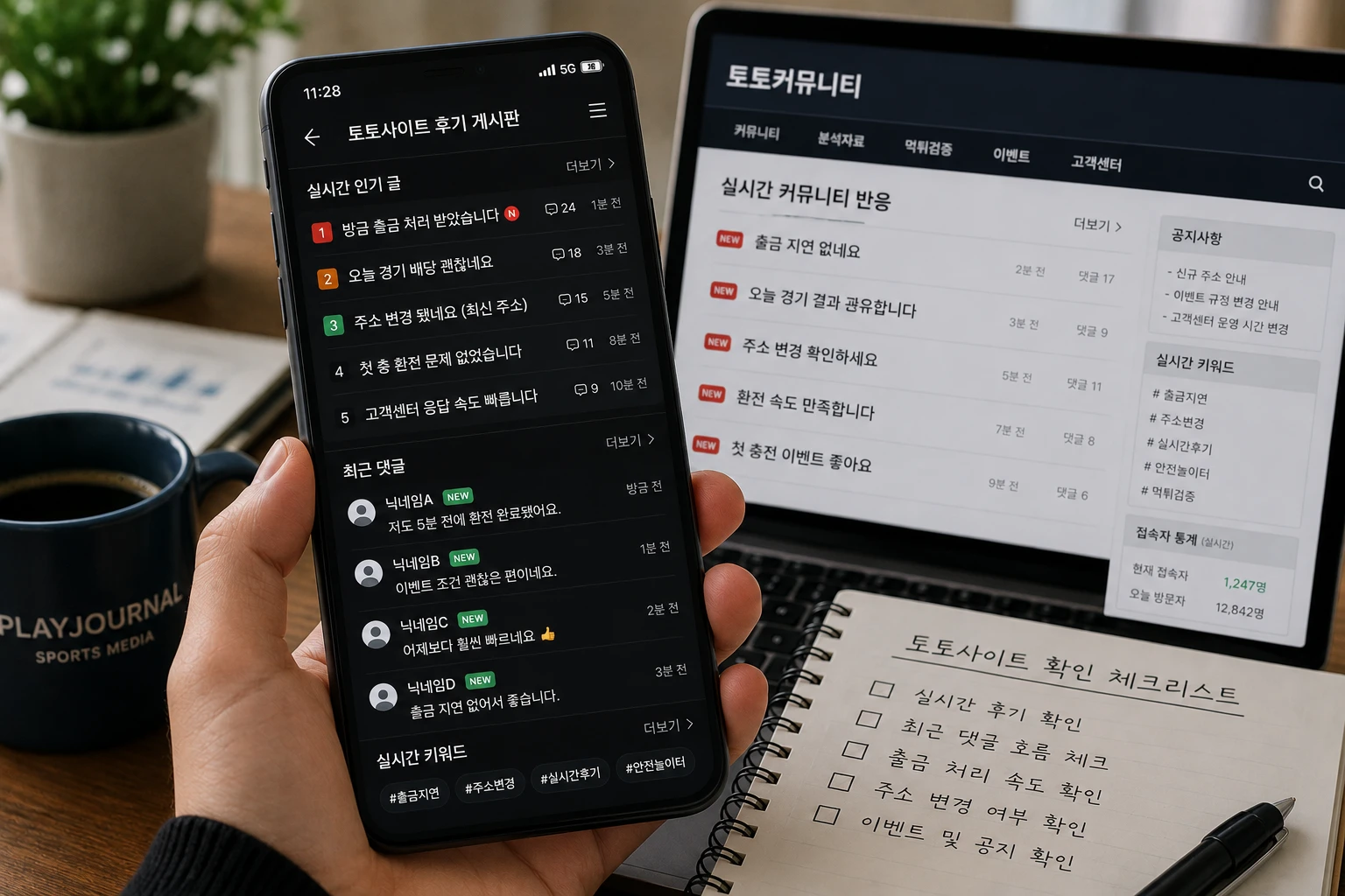 실시간 후기와 최근 댓글 흐름을 모바일 화면으로 확인하는 장면