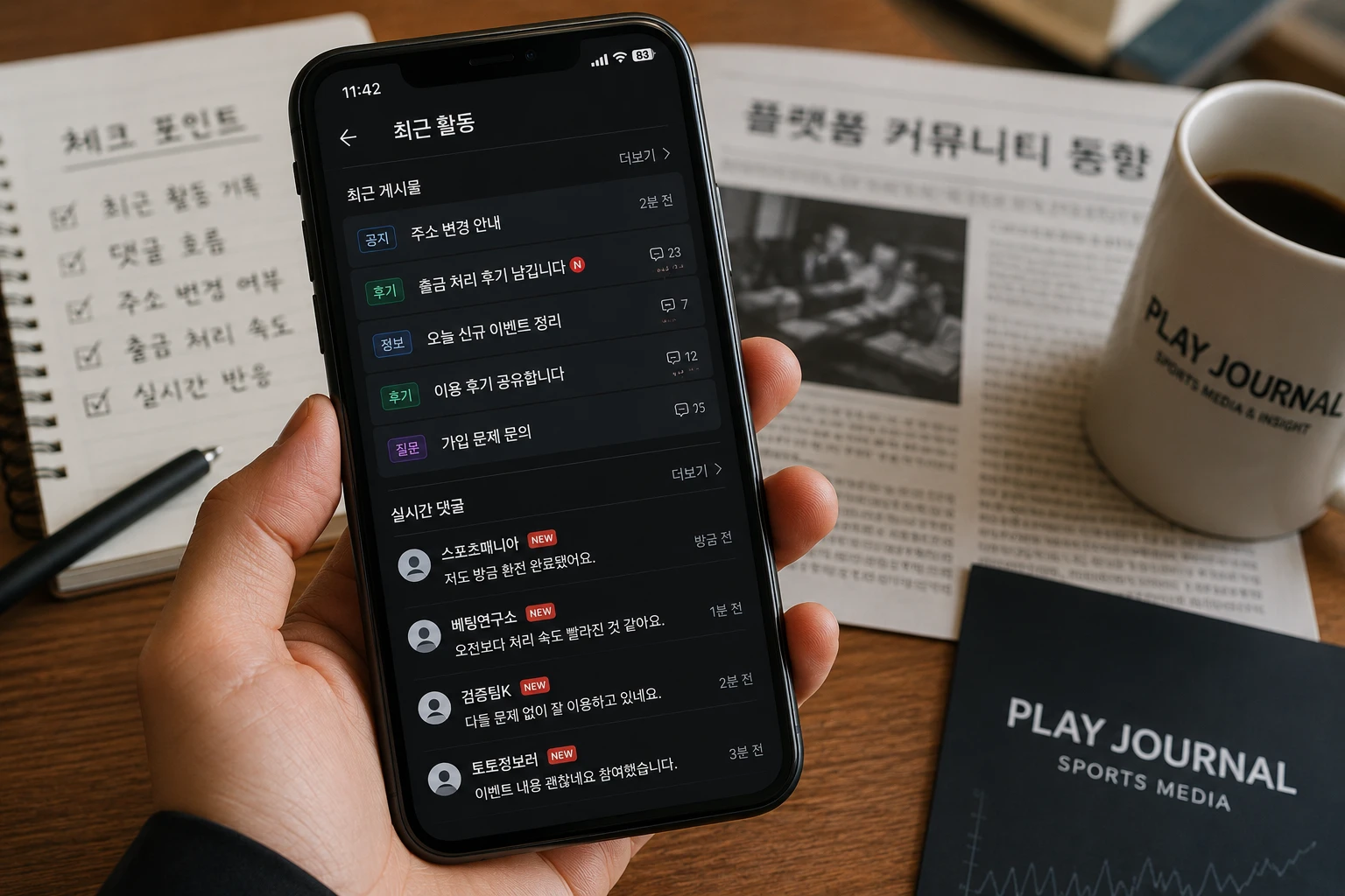 최근 활동 기록과 커뮤니티 반응 흐름을 확인하는 모바일 기반 장면