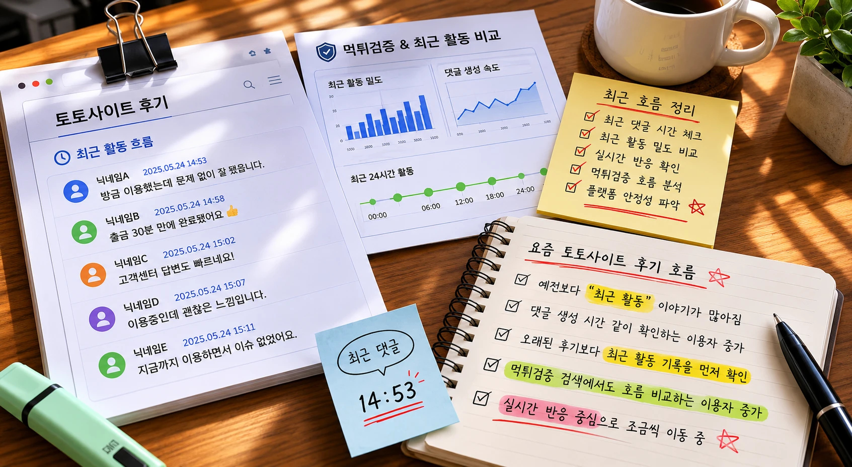 토토커뮤니티 후기 출력물과 최근 활동 기록 메모를 비교하며 댓글 흐름을 분석하는 현실적인 작업 환경