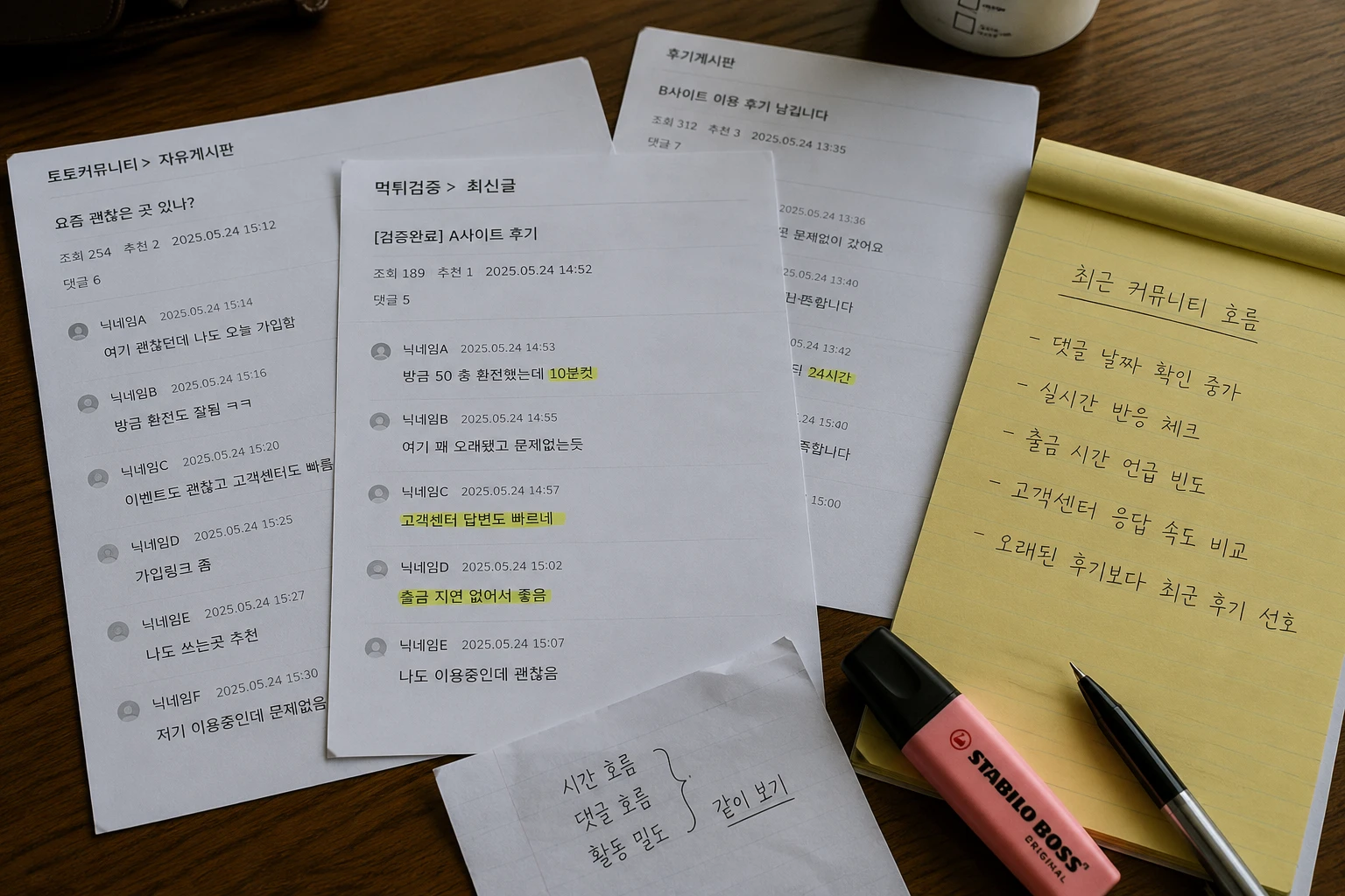 인쇄된 토토커뮤니티 후기와 댓글 날짜 기록을 비교하며 최근 활동 흐름을 분석하는 현실적인 작업 환경
