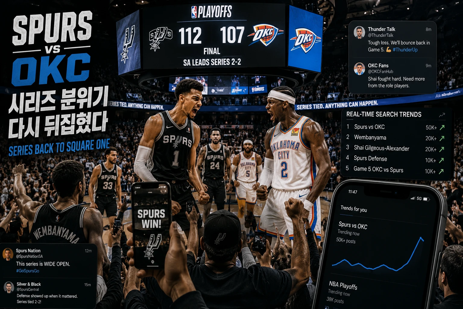 Spurs vs OKC 경기 이후 플레이오프 반응 장면