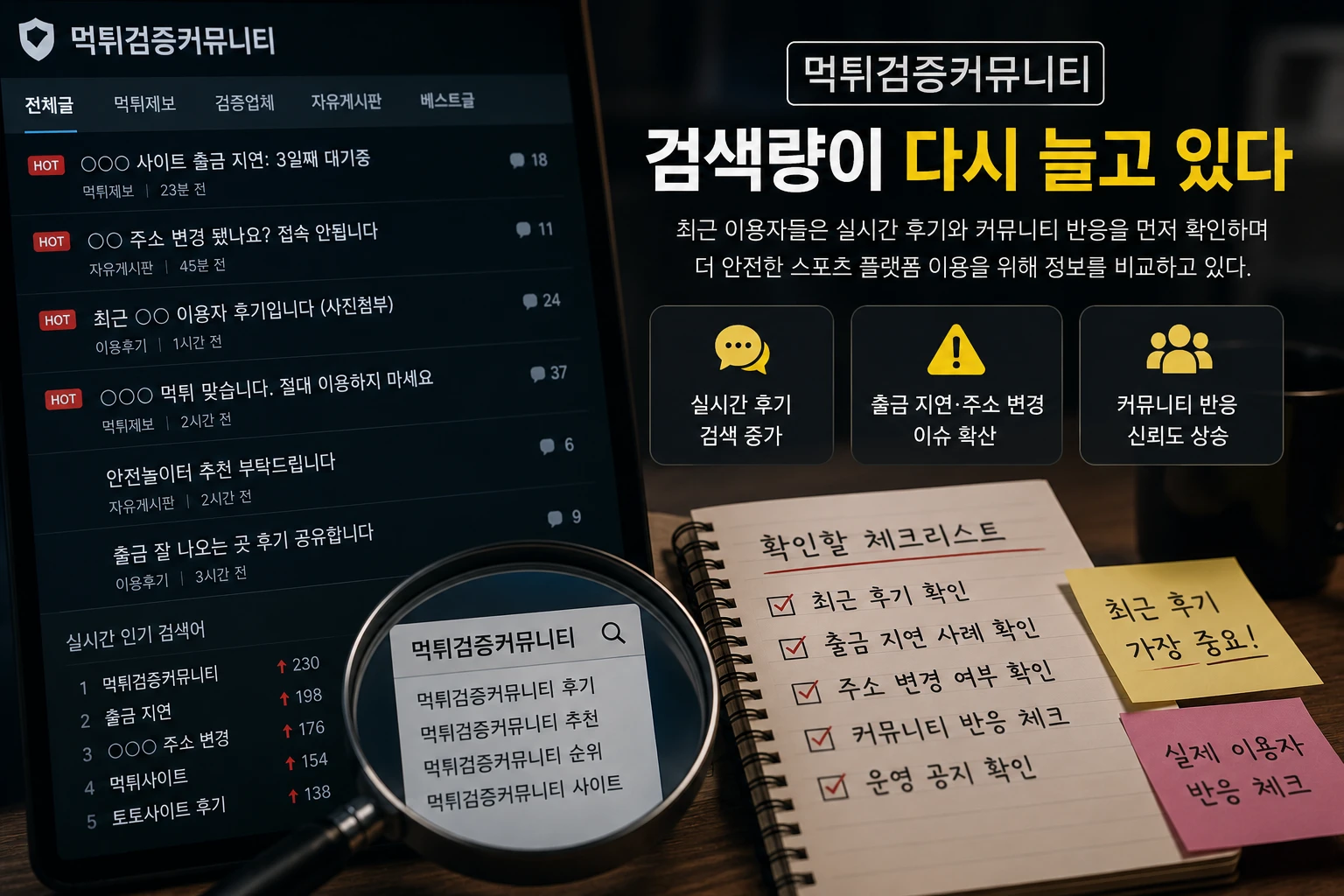 먹튀검증커뮤니티 검색량 증가와 실시간 후기, 출금 지연 반응 흐름을 보여주는 플랫폼 분석 이미지