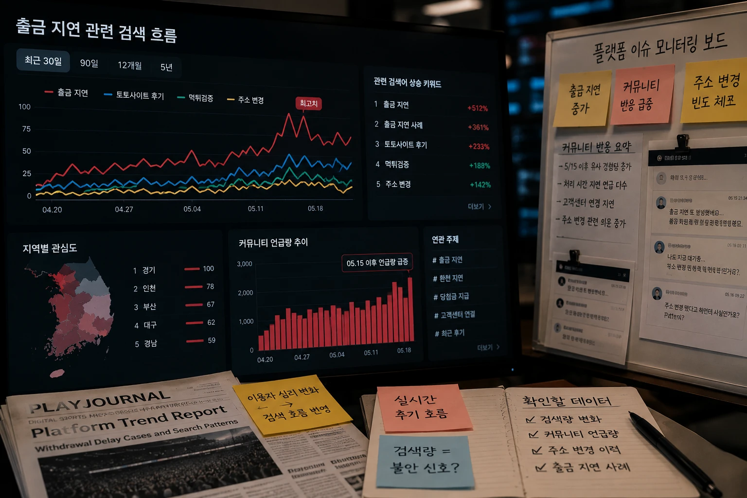 출금 지연 사례 이후 검색량 흐름이 변하는 장면