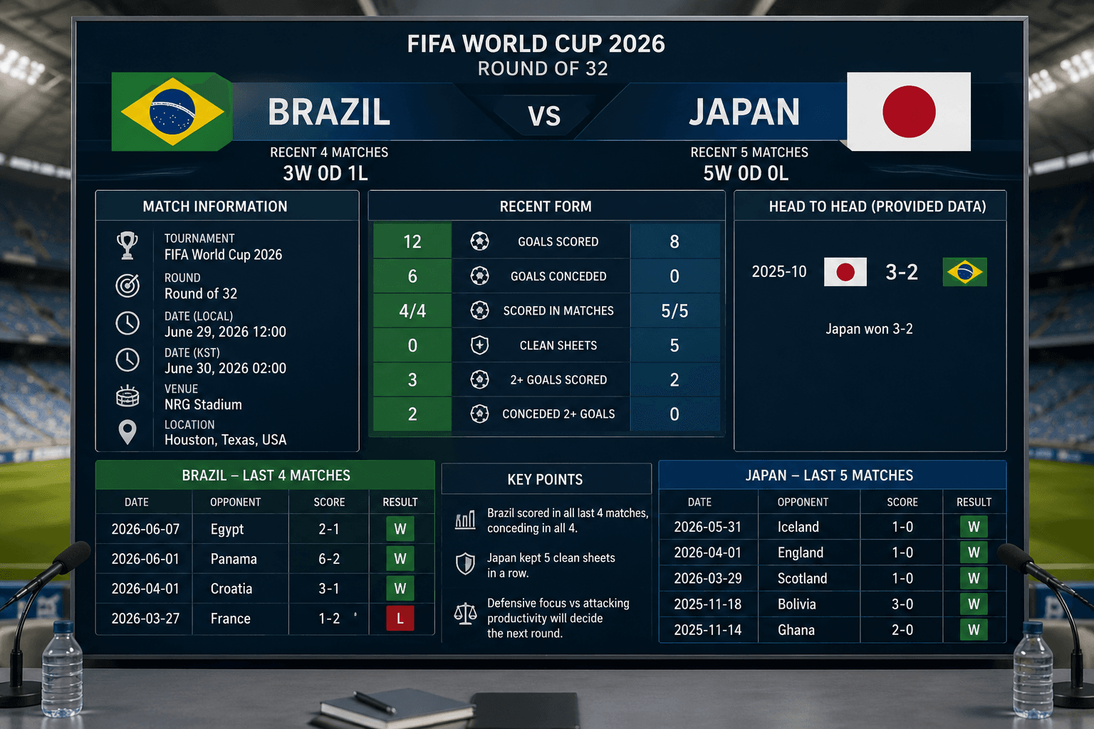 2026 FIFA 월드컵 브라질과 일본의 32강 경기 프리뷰 그래픽
