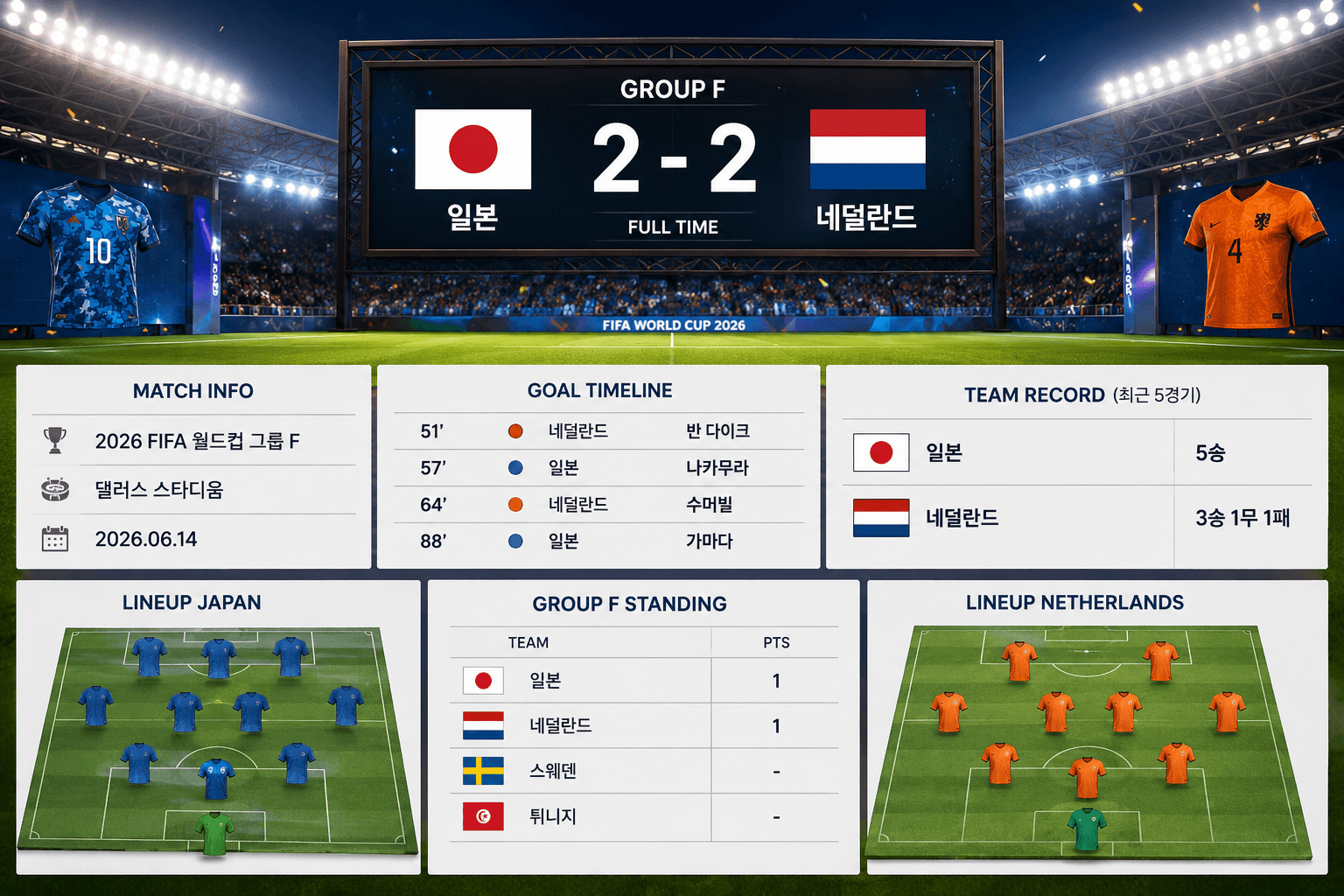 일본 네덜란드 월드컵 그룹F 경기 분석