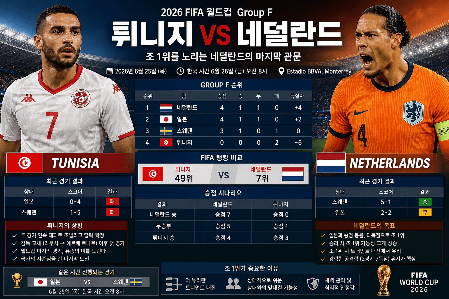 2026 FIFA 월드컵 Group F 튀니지와 네덜란드 조별리그 최종전 프리뷰